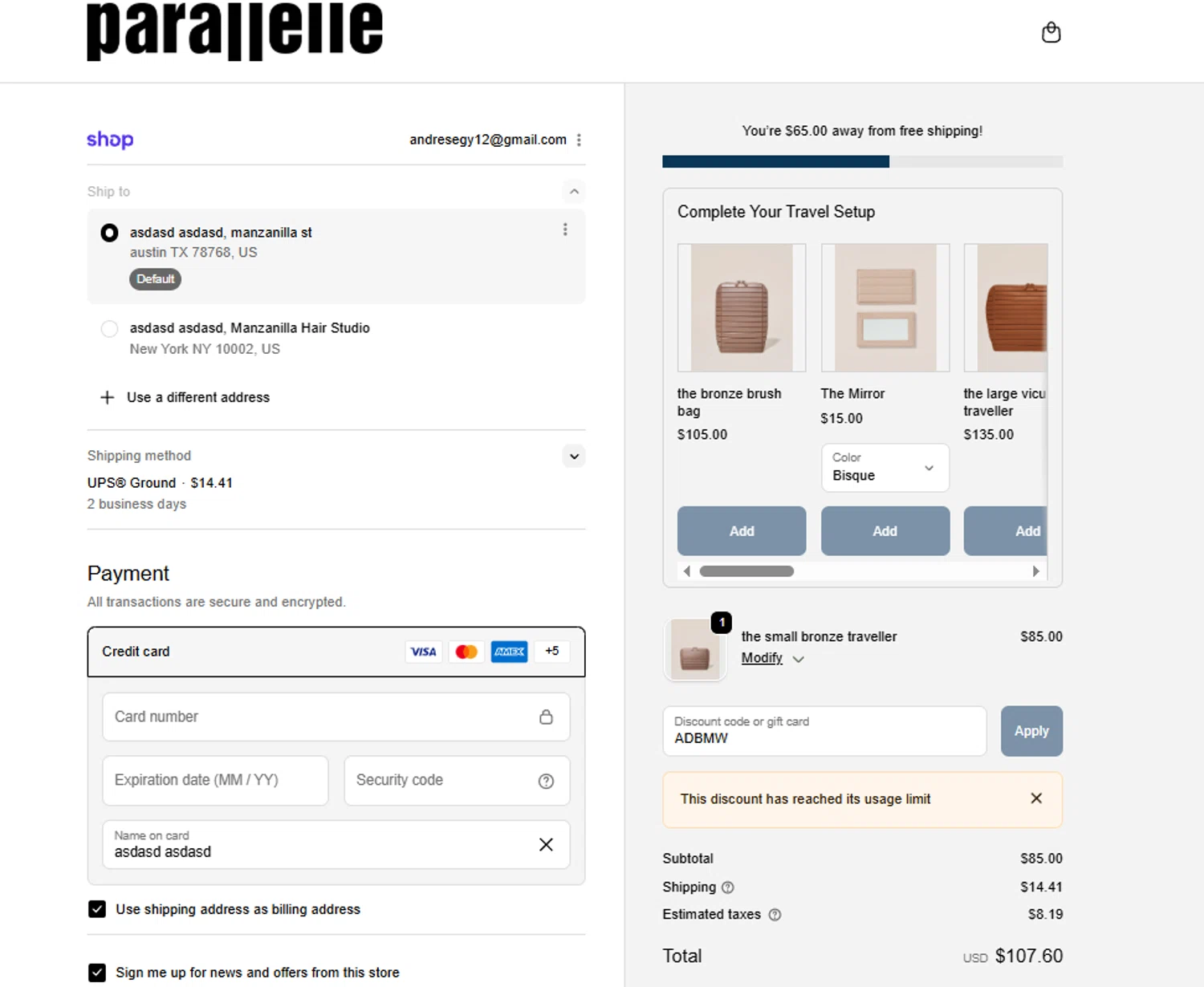 Parallelle discount code screenshot showing code ADBMW applied at Parallelle checkout page. Uploaded by SimplyCodes community member Woskal on Oct 19, 2025