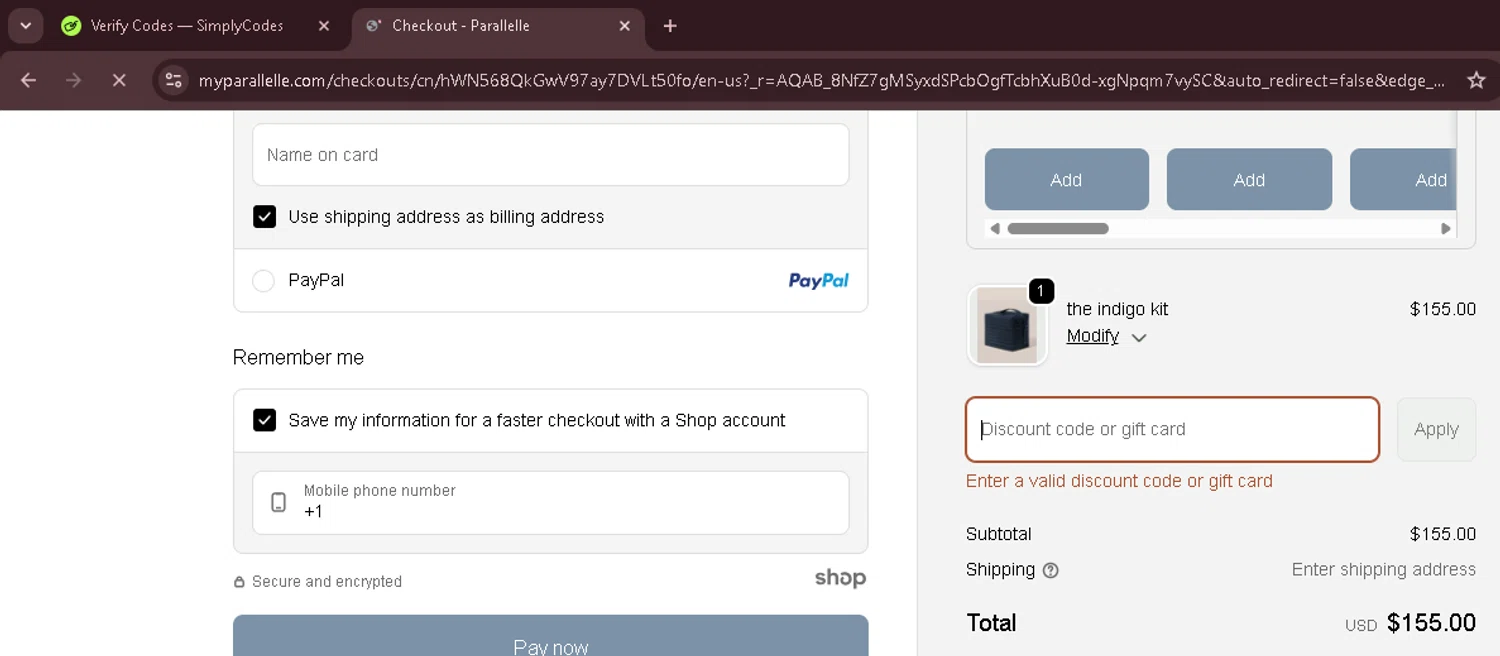 Parallelle discount code screenshot showing code ADBMA applied at Parallelle checkout page. Uploaded by SimplyCodes community member Morketools on Nov 9, 2025