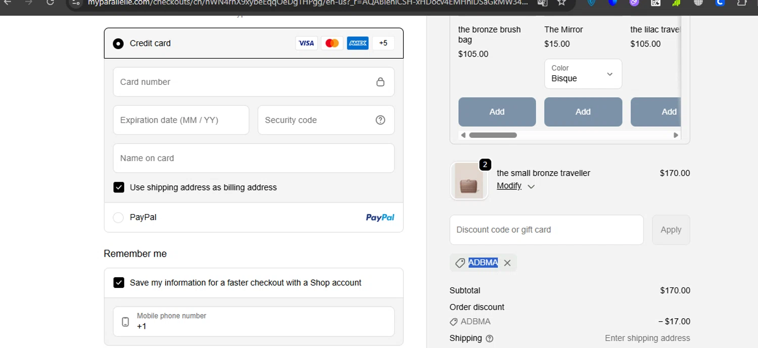 Parallelle discount code screenshot showing code ADBMA applied at Parallelle checkout page. Uploaded by SimplyCodes community member ashe1986 on Nov 3, 2025
