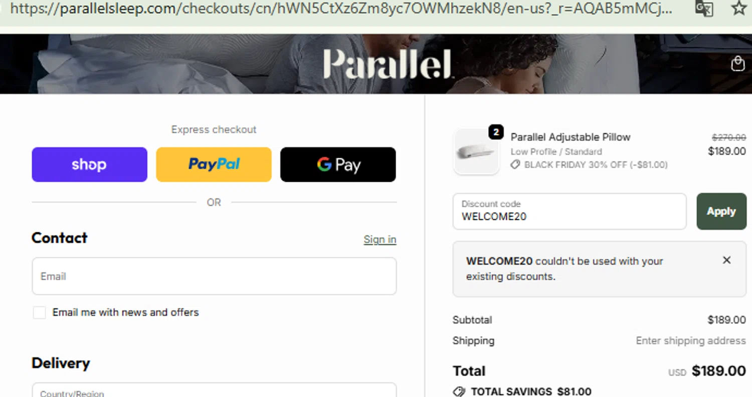 Parallel Sleep promo code screenshot showing code WELCOME20 applied at Parallel Sleep checkout page. Uploaded by SimplyCodes community member RewardFinder4836 on Nov 12, 2025