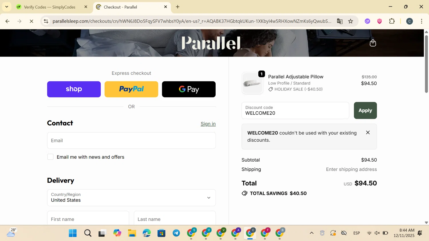 Parallel Sleep promo code screenshot showing code WELCOME20 applied at Parallel Sleep checkout page. Uploaded by SimplyCodes community member SaleVirtuoso3791 on Dec 11, 2025