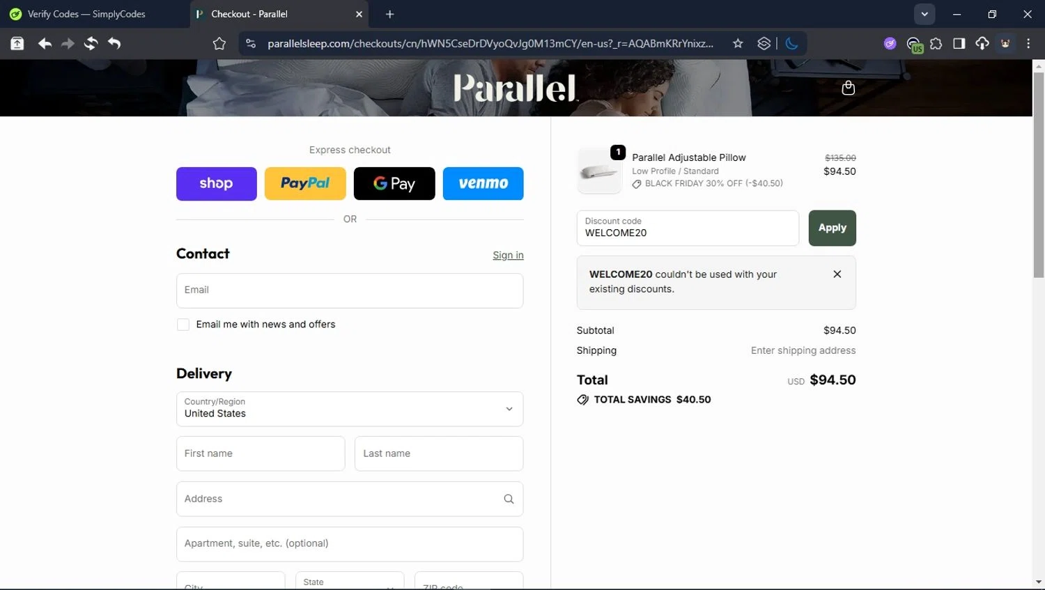 Parallel Sleep checkout page showing Parallel Sleep promo code box | Screenshot taken by SimplyCodes community member on Nov 12, 2025