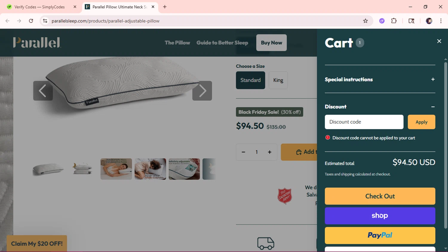 Parallel Sleep promo code screenshot showing code WELCOME20 applied at Parallel Sleep checkout page. Uploaded by SimplyCodes community member aSASAS on Nov 12, 2025