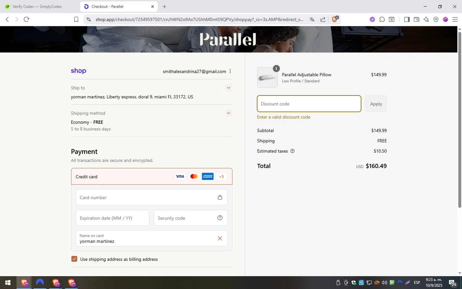 Parallel Sleep promo code screenshot showing code BOGO applied at Parallel Sleep checkout page. Uploaded by SimplyCodes community member CouponElite4658 on Sep 10, 2025