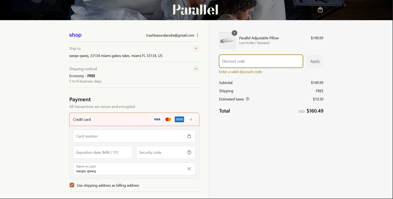 Parallel Sleep promo code screenshot showing code BOGO applied at Parallel Sleep checkout page. Uploaded by SimplyCodes community member Teresa on Sep 10, 2025