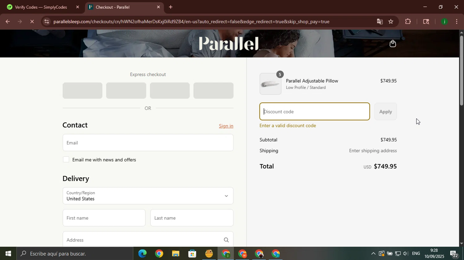 Parallel Sleep promo code screenshot showing code BOGO applied at Parallel Sleep checkout page. Uploaded by SimplyCodes community member jorgeroz on Sep 10, 2025