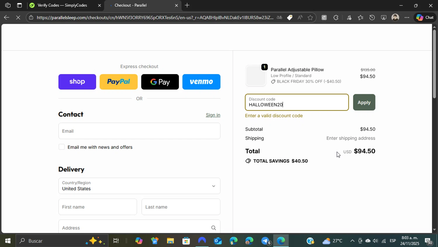 Parallel Sleep promo code screenshot showing code HALLOWEEN20 applied at Parallel Sleep checkout page. Uploaded by SimplyCodes community member WonderKnight7884 on Nov 24, 2025