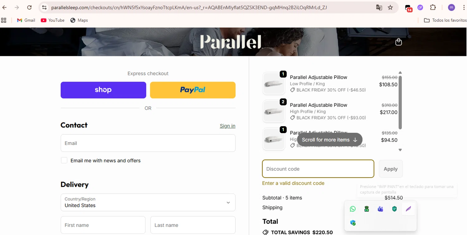 Parallel Sleep promo code screenshot showing code HALLOWEEN20 applied at Parallel Sleep checkout page. Uploaded by SimplyCodes community member marieugepolanco on Nov 24, 2025