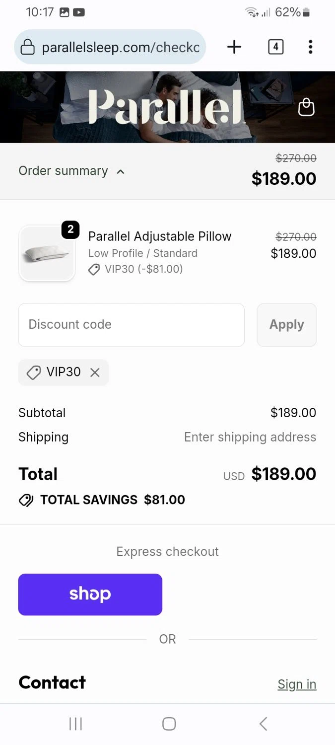 Parallel Sleep promo code screenshot showing code VIP30 applied at Parallel Sleep checkout page. Uploaded by SimplyCodes community member ScanMaverick9378 on Nov 5, 2025