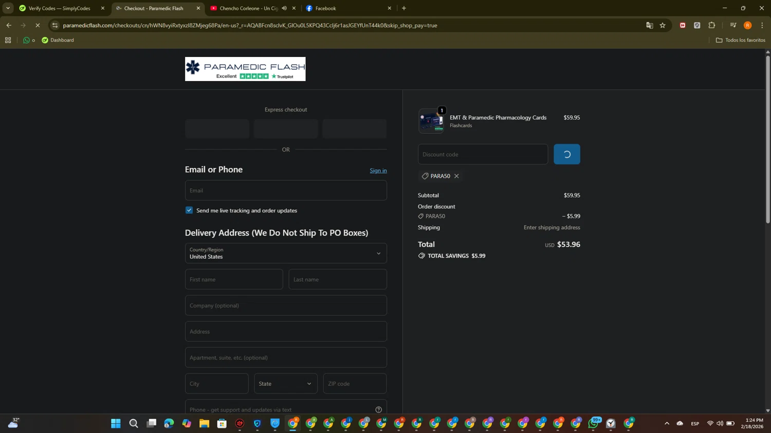 Paramedic Flash promo code screenshot showing code PARA50 applied at Paramedic Flash checkout page. Uploaded by SimplyCodes community member PromoTitan1625 on Feb 18, 2026