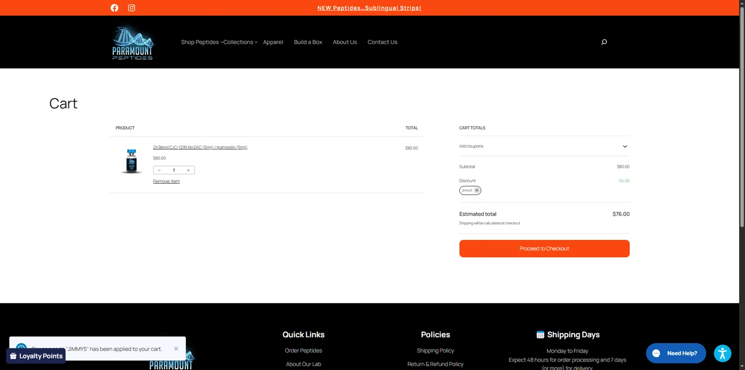 Paramount Peptides checkout page showing Paramount Peptides discount code box | Screenshot taken by SimplyCodes community member on Feb 9, 2026