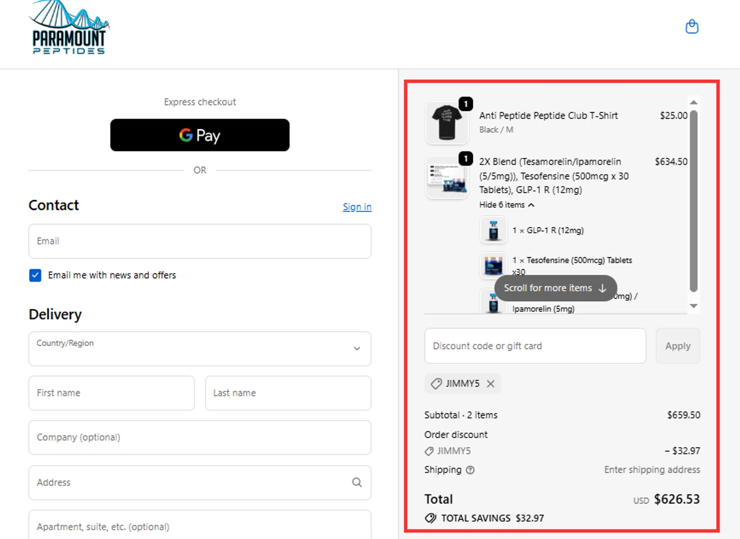 Paramount Peptides discount code screenshot showing code JIMMY5 applied at Paramount Peptides checkout page. Uploaded by SimplyCodes community member RebateHunter3112 on Oct 11, 2025