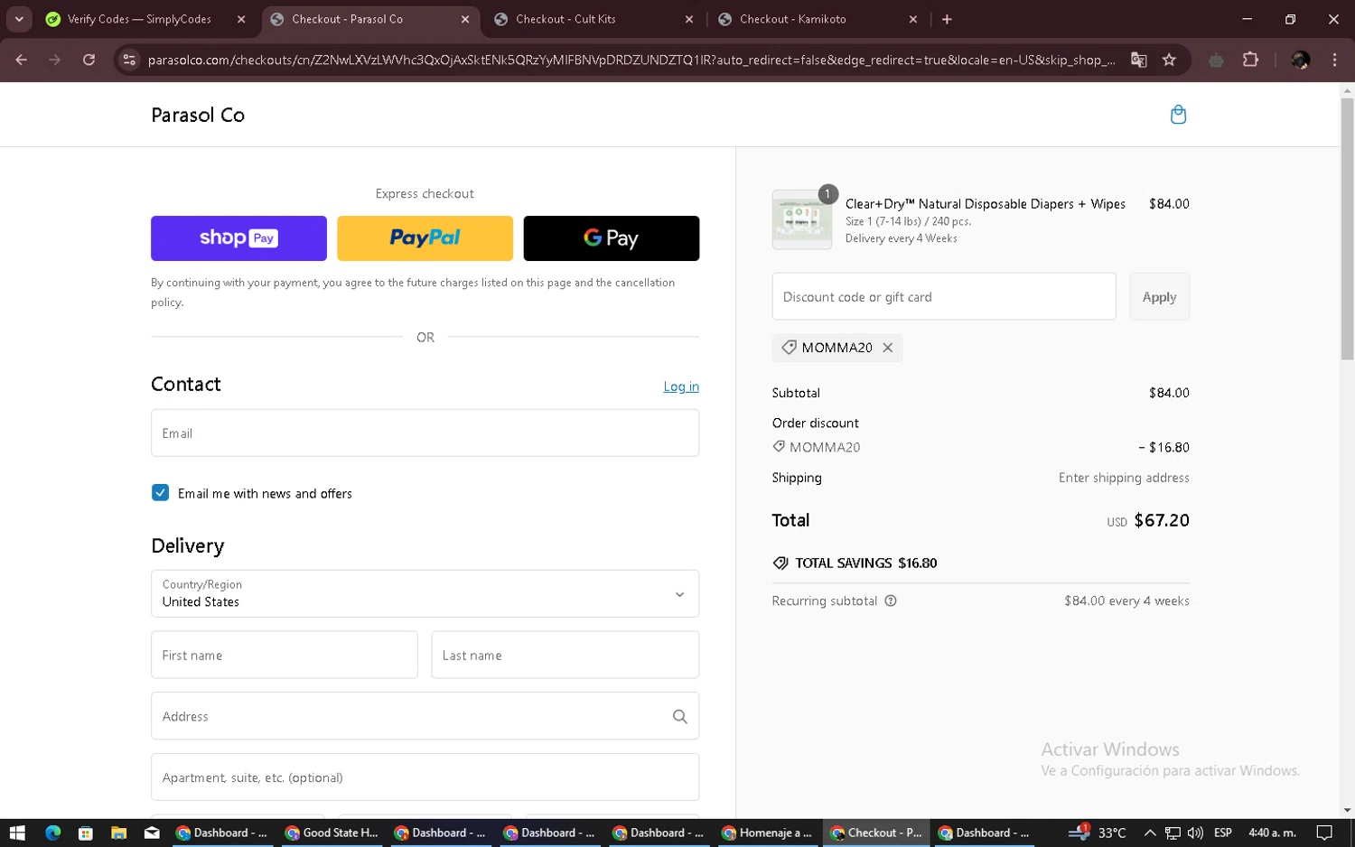 Parasol Co promo code screenshot showing code MOMMA20 applied at Parasol Co checkout page. Uploaded by SimplyCodes community member alexdaal on Feb 6, 2025