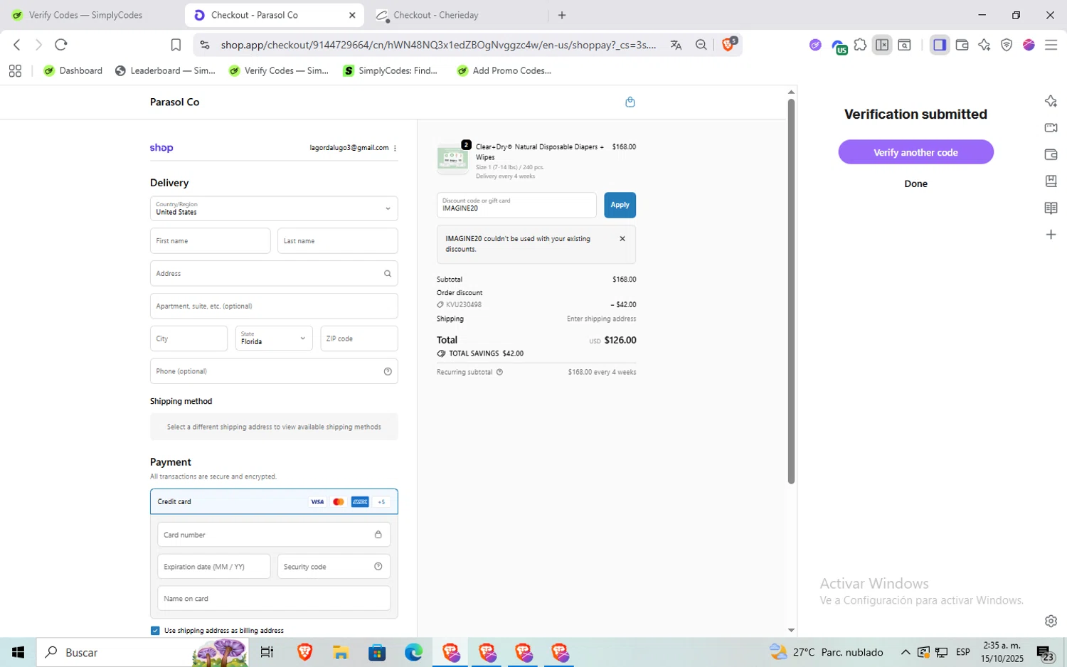 Parasol Co promo code screenshot showing code IMAGINE20 applied at Parasol Co checkout page. Uploaded by SimplyCodes community member Rayyyyyy on Oct 15, 2025