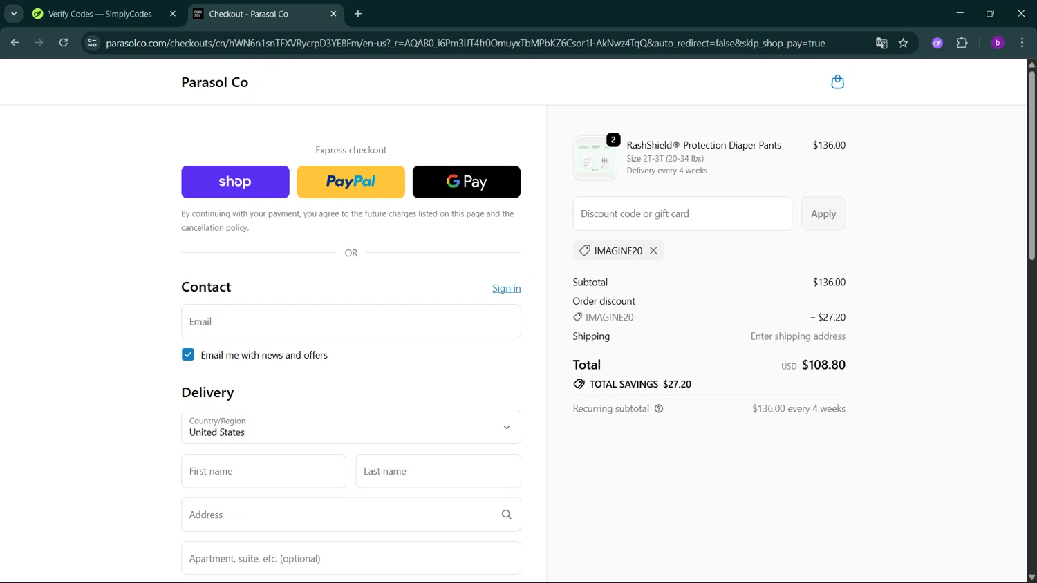 Parasol Co promo code screenshot showing code IMAGINE20 applied at Parasol Co checkout page. Uploaded by SimplyCodes community member RoyalSleuth2430 on Dec 24, 2025