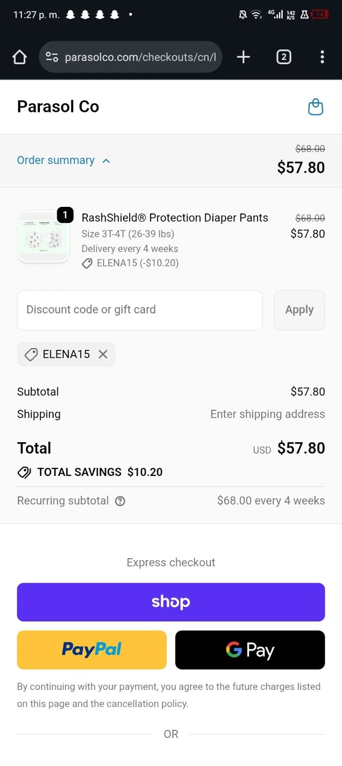 Parasol Co checkout page showing Parasol Co promo code box | Screenshot taken by SimplyCodes community member on Jan 3, 2026