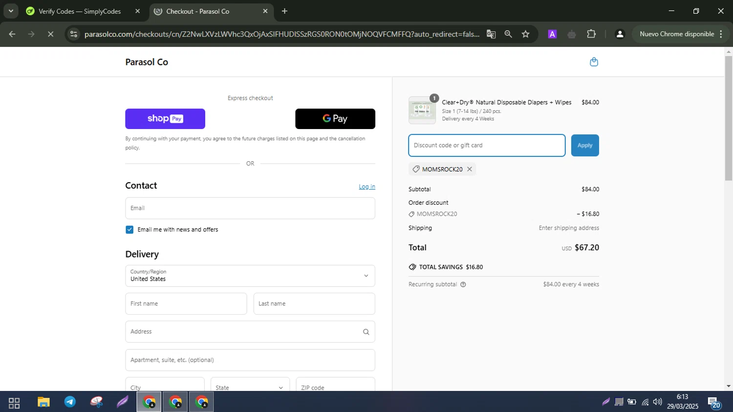 Parasol Co promo code screenshot showing code MOMSROCK20 applied at Parasol Co checkout page. Uploaded by SimplyCodes community member AK_CIO on Mar 29, 2025