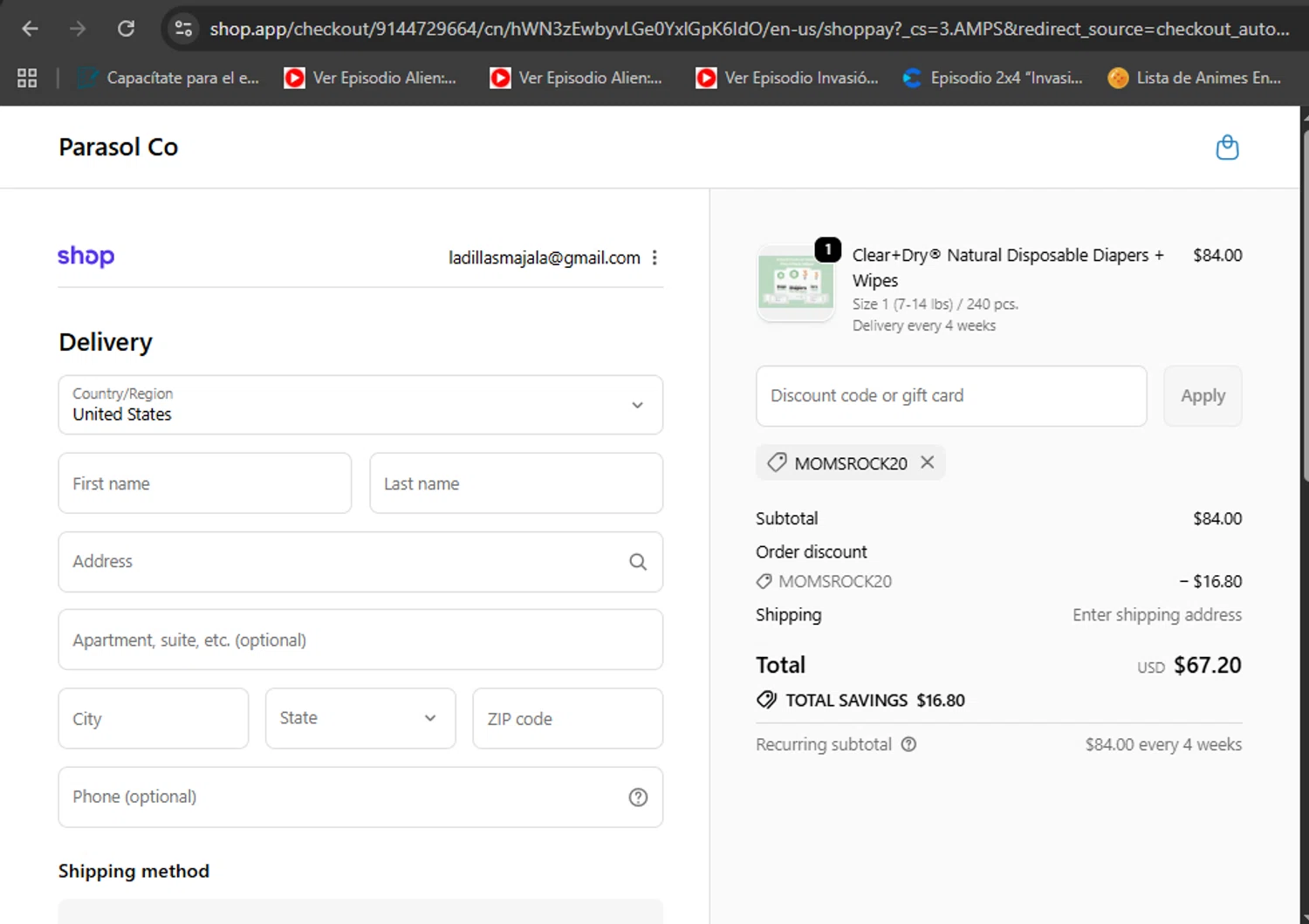 Parasol Co promo code screenshot showing code MOMSROCK20 applied at Parasol Co checkout page. Uploaded by SimplyCodes community member eduardolopez on Oct 11, 2025