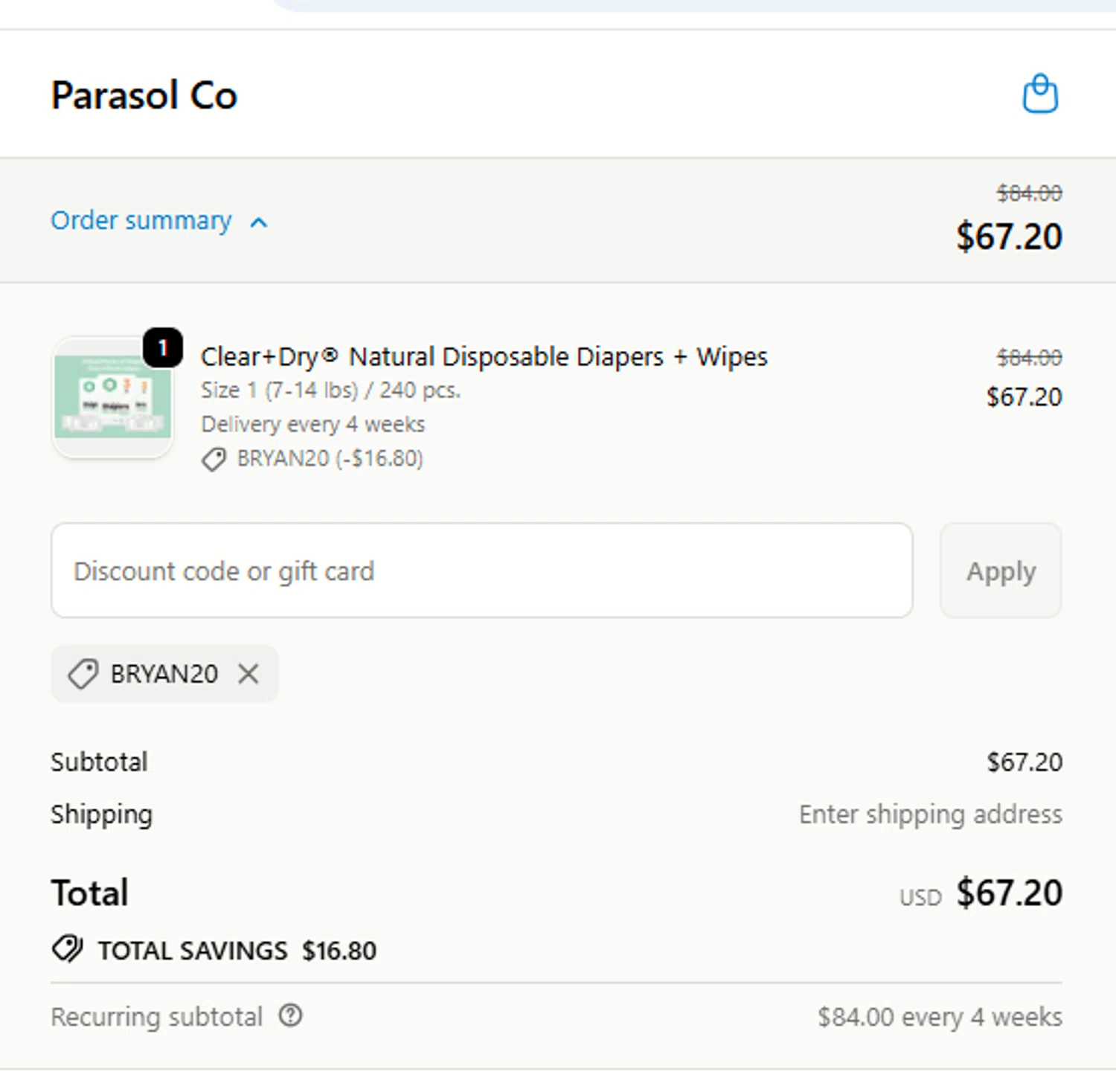Parasol Co promo code screenshot showing code Bryan20 applied at Parasol Co checkout page. Uploaded by SimplyCodes community member user__1543 on Oct 7, 2025