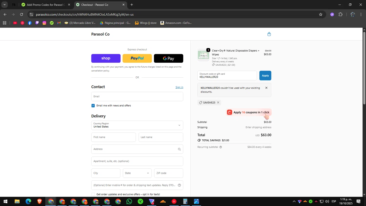 Parasol Co promo code screenshot showing code KELLYWALLER20 applied at Parasol Co checkout page. Uploaded by SimplyCodes community member RoyalAdmiral1682 on Oct 19, 2025