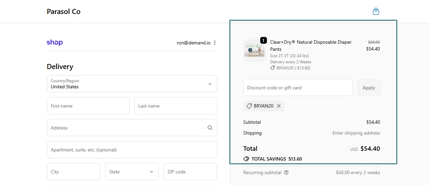Parasol Co promo code screenshot showing code Bryan20 applied at Parasol Co checkout page. Uploaded by SimplyCodes community member Swiftdealz on Sep 25, 2025