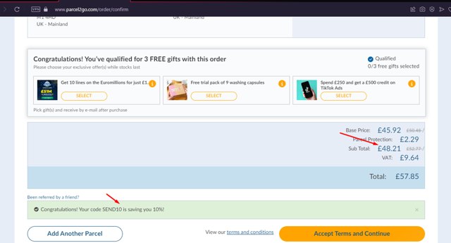 Parcel2Go checkout page showing Parcel2Go promo code box | Screenshot taken by SimplyCodes community member on Oct 22, 2024