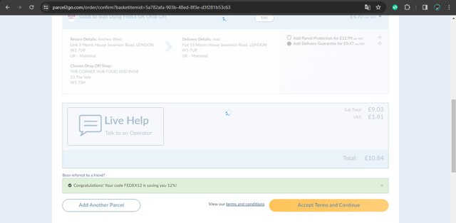 Parcel2Go checkout page showing Parcel2Go promo code box | Screenshot taken by SimplyCodes community member on Jan 20, 2024