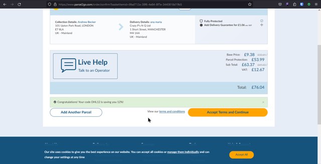 Parcel2Go checkout page showing Parcel2Go promo code box | Screenshot taken by SimplyCodes community member on Dec 22, 2023