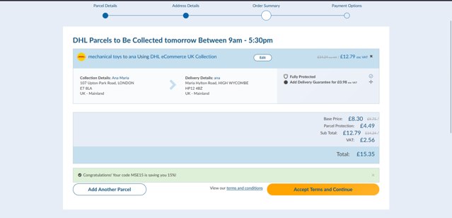 Parcel2Go checkout page showing Parcel2Go promo code box | Screenshot taken by SimplyCodes community member on Oct 30, 2024