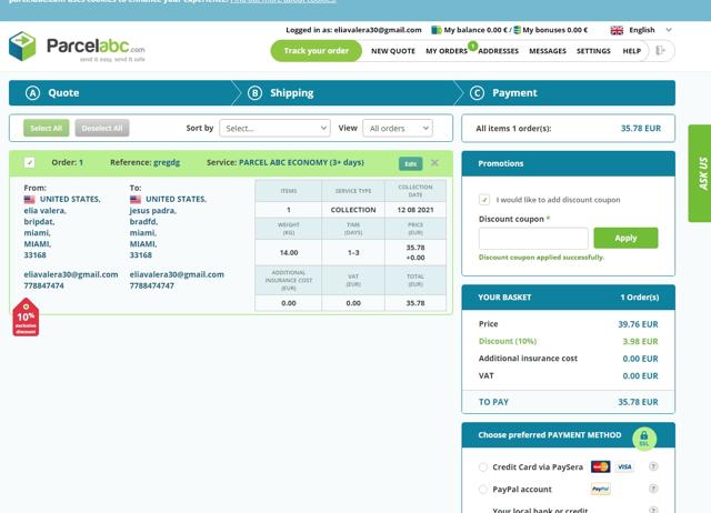 ParcelABC checkout page showing ParcelABC discount code box | Screenshot taken by SimplyCodes community member on Aug 11, 2021