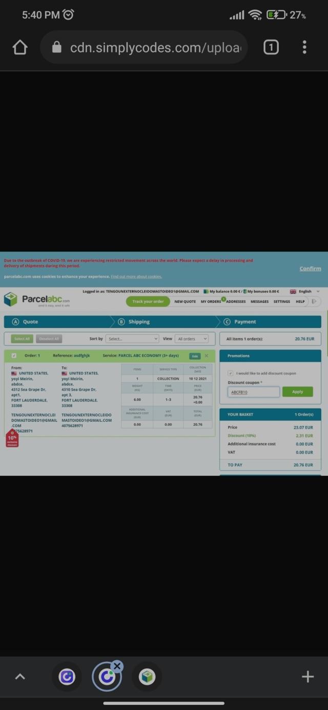 ParcelABC checkout page showing ParcelABC discount code box | Screenshot taken by SimplyCodes community member on Mar 1, 2022