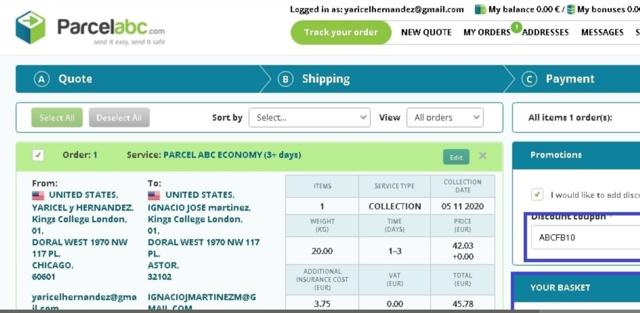 ParcelABC checkout page showing ParcelABC discount code box | Screenshot taken by SimplyCodes community member on Jan 16, 2021
