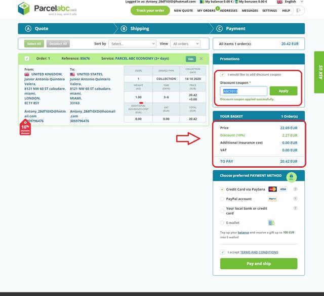 ParcelABC checkout page showing ParcelABC discount code box | Screenshot taken by SimplyCodes community member on Oct 11, 2020