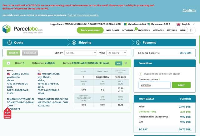 ParcelABC checkout page showing ParcelABC discount code box | Screenshot taken by SimplyCodes community member on Jan 16, 2022