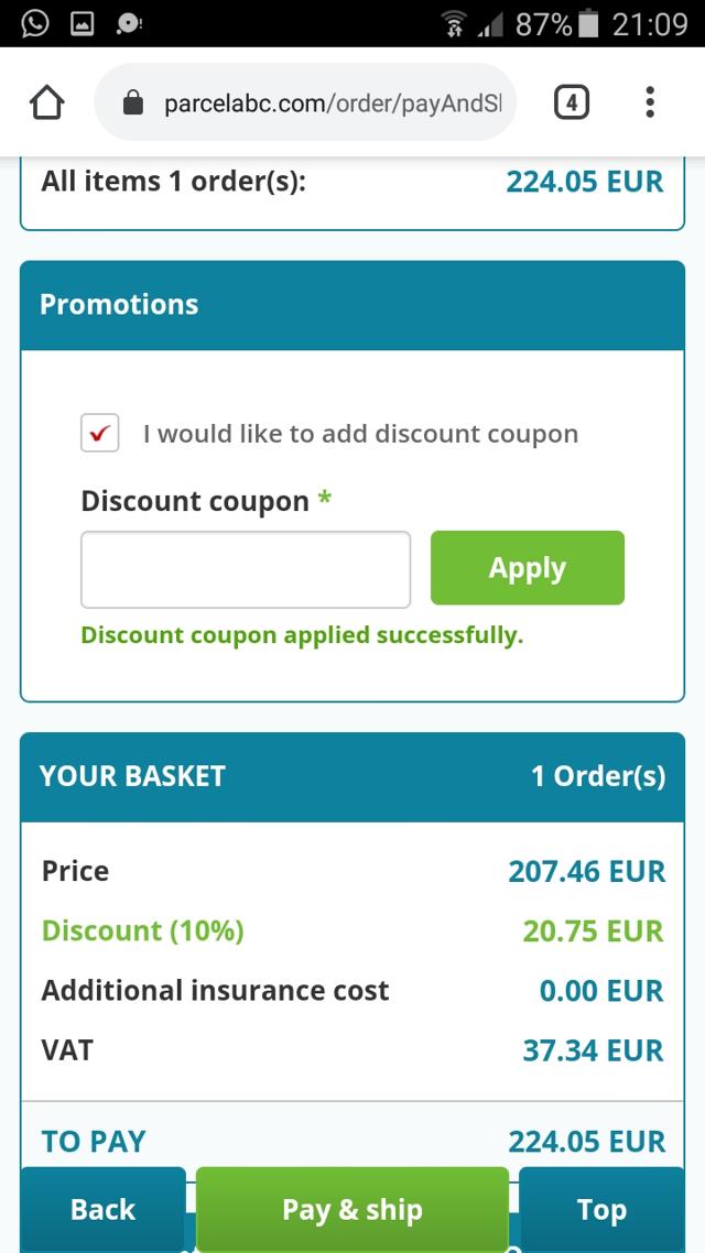 ParcelABC checkout page showing ParcelABC discount code box | Screenshot taken by SimplyCodes community member on Oct 14, 2020