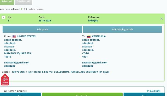 ParcelABC checkout page showing ParcelABC discount code box | Screenshot taken by SimplyCodes community member on Oct 15, 2020