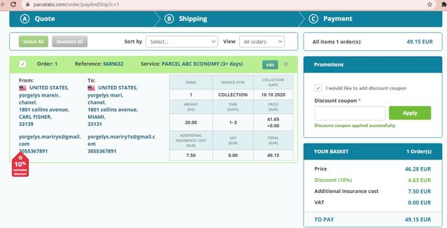 ParcelABC checkout page showing ParcelABC discount code box | Screenshot taken by SimplyCodes community member on Oct 14, 2020