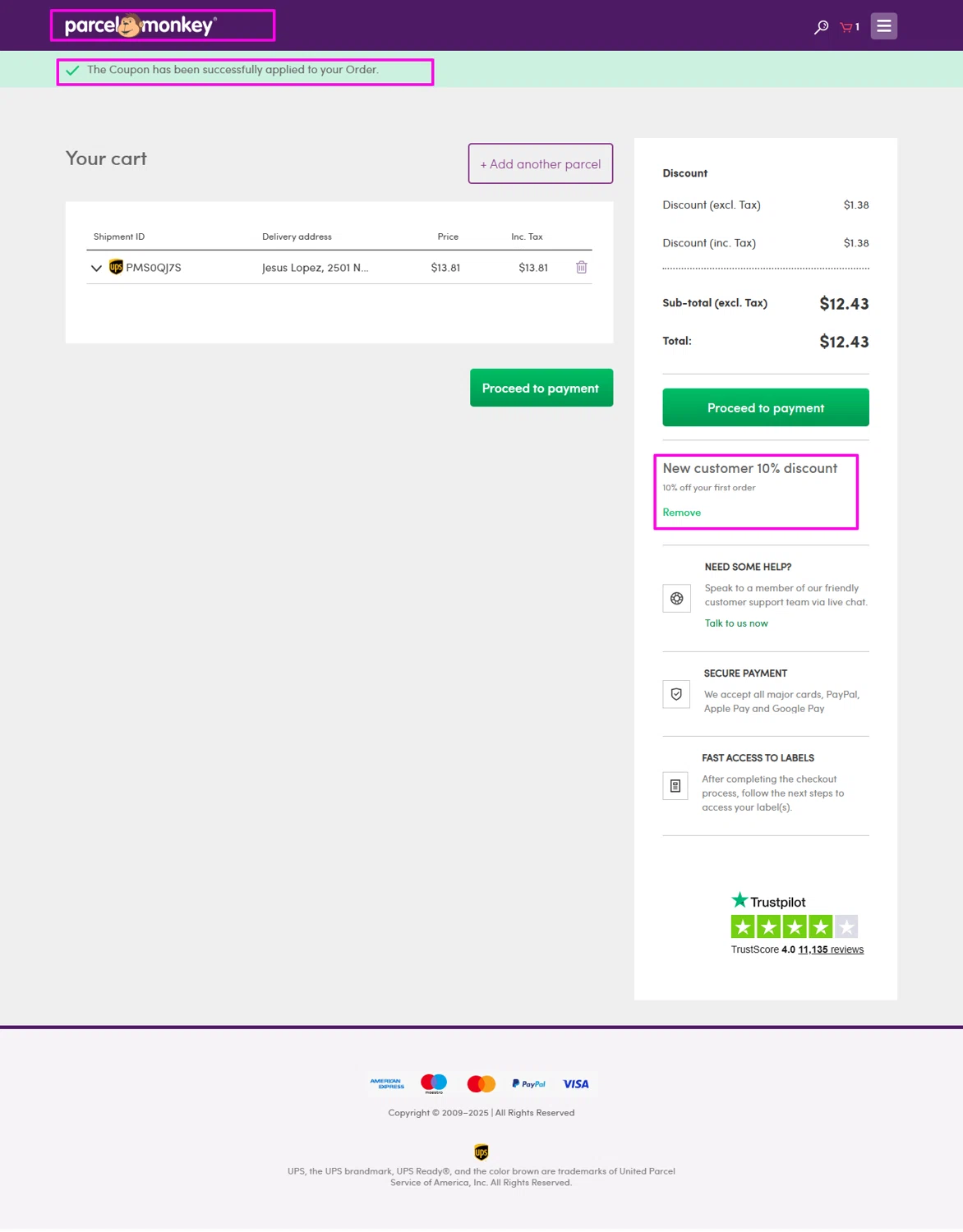 ParcelMonkey promo code screenshot showing code SEND10 applied at ParcelMonkey checkout page. Uploaded by SimplyCodes community member mrdarcy on Sep 30, 2025