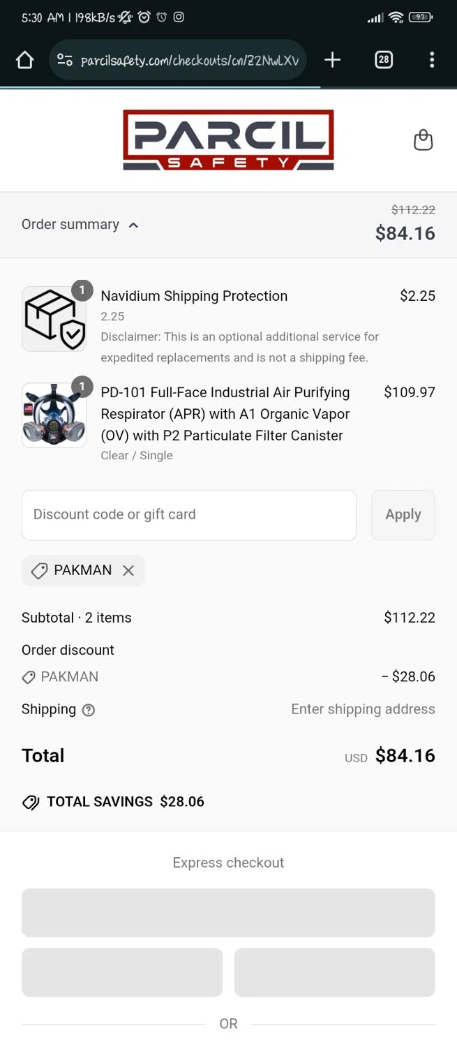 Parcil Safety discount code screenshot showing code PAKMAN applied at Parcil Safety checkout page. Uploaded by SimplyCodes community member NobleFox488 on Apr 3, 2025