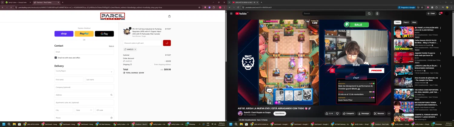 Parcil Safety discount code screenshot showing code james25 applied at Parcil Safety checkout page. Uploaded by SimplyCodes community member CouponSage7331 on Nov 7, 2025