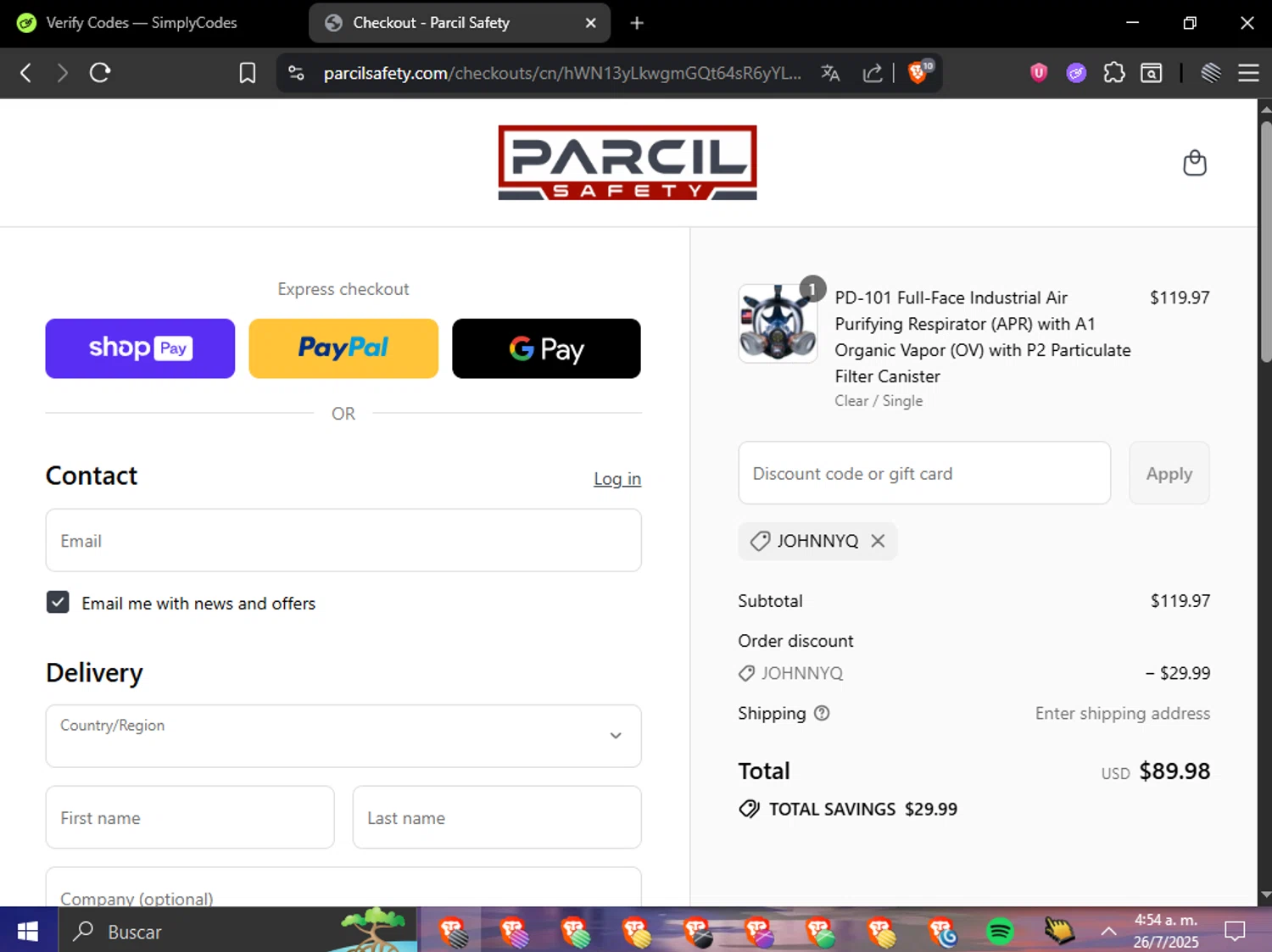 Parcil Safety discount code screenshot showing code JOHNNYQ applied at Parcil Safety checkout page. Uploaded by SimplyCodes community member Cuponzinho on Jul 26, 2025
