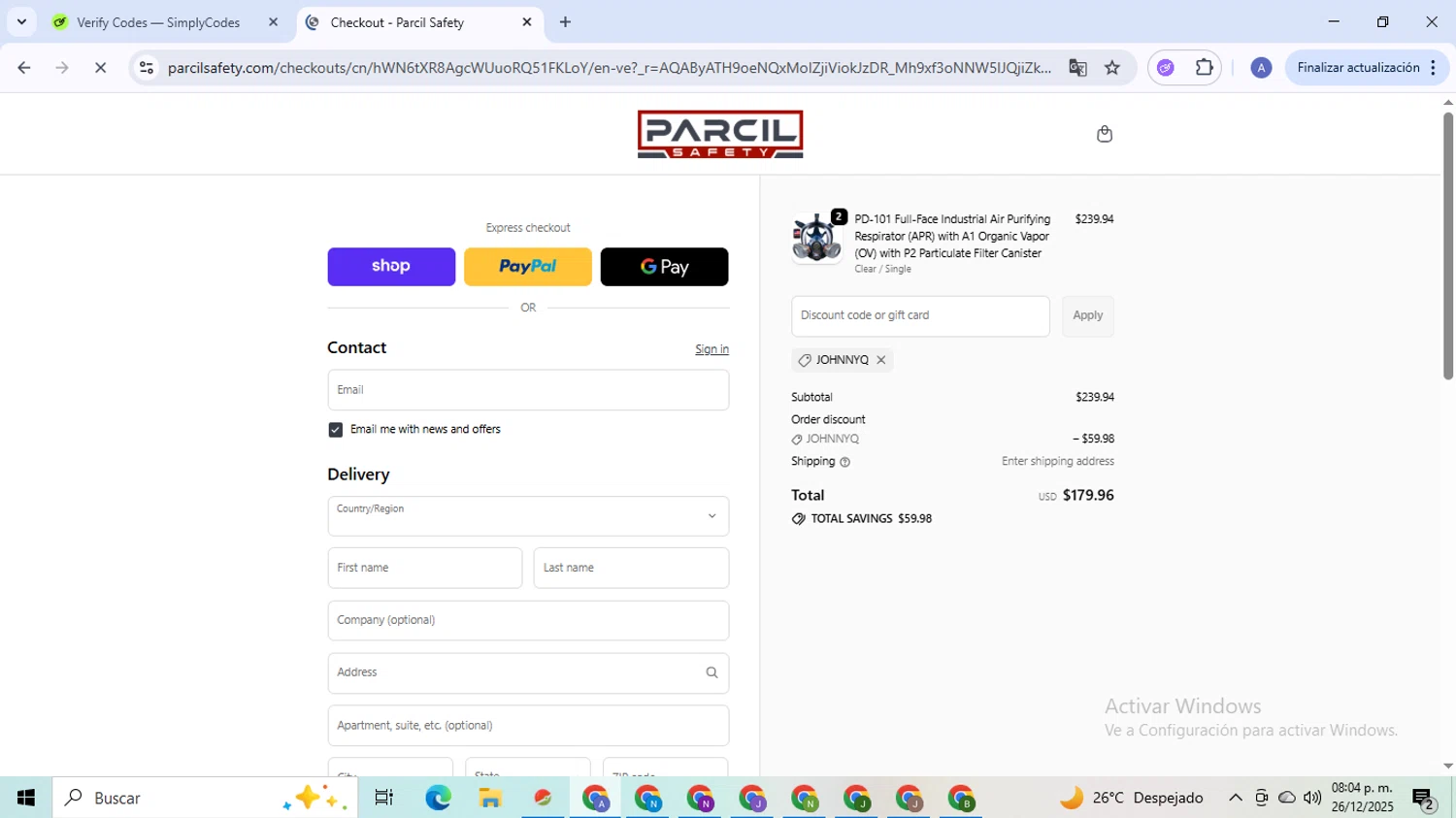 Parcil Safety discount code screenshot showing code JOHNNYQ applied at Parcil Safety checkout page. Uploaded by SimplyCodes community member TreasureCaptain5531 on Dec 27, 2025