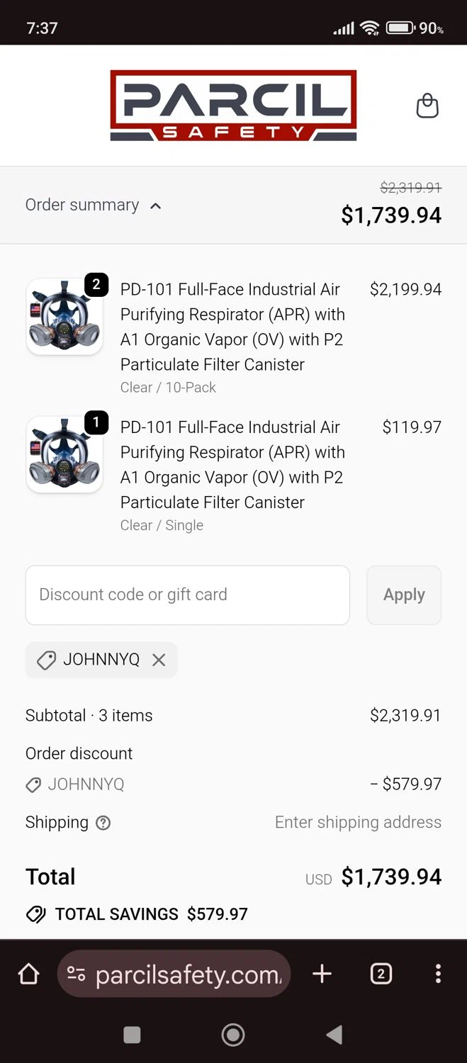 Parcil Safety discount code screenshot showing code JOHNNYQ applied at Parcil Safety checkout page. Uploaded by SimplyCodes community member carlacabrera1 on Sep 23, 2025