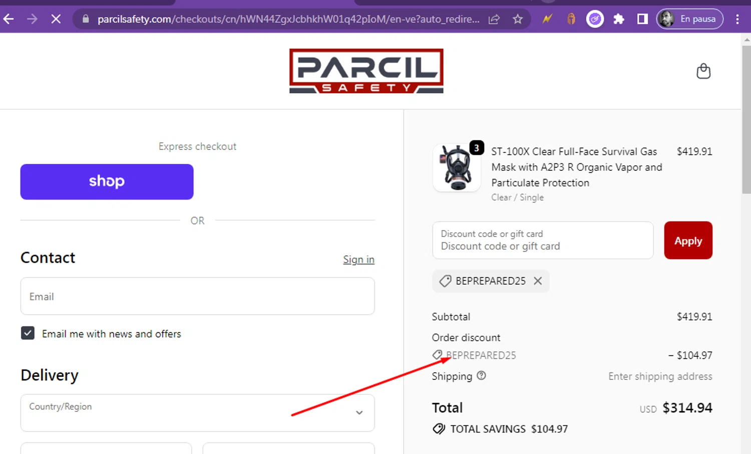 Parcil Safety discount code screenshot showing code beprepared25 applied at Parcil Safety checkout page. Uploaded by SimplyCodes community member Darien on Oct 13, 2025
