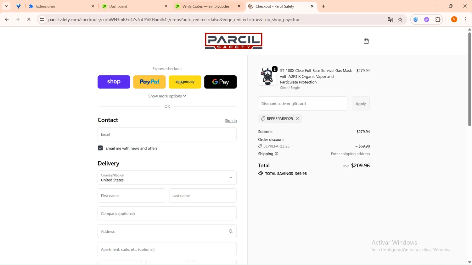 Parcil Safety discount code screenshot showing code beprepared25 applied at Parcil Safety checkout page. Uploaded by SimplyCodes community member FortunateFinder9465 on Oct 5, 2025