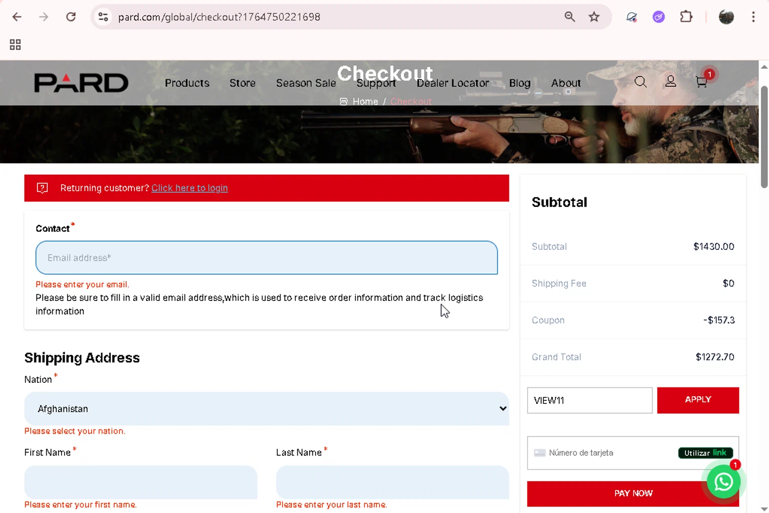 PARD coupon code screenshot showing code VIEW11 applied at PARD checkout page. Uploaded by SimplyCodes community member JASTIFY on Dec 3, 2025