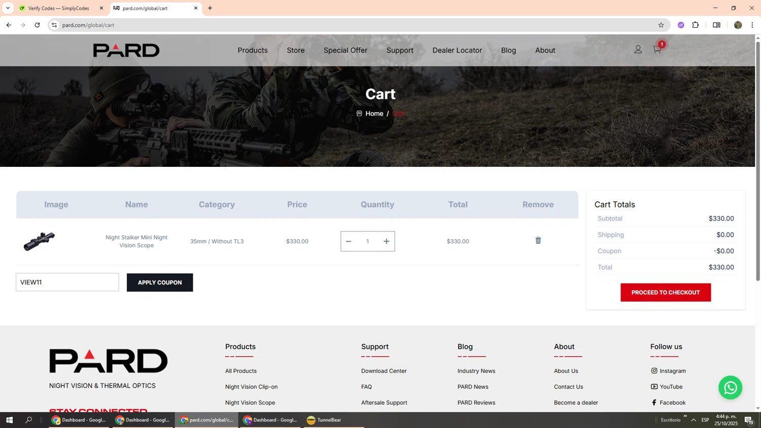 PARD coupon code screenshot showing code VIEW11 applied at PARD checkout page. Uploaded by SimplyCodes community member Phoenix585 on Oct 25, 2025