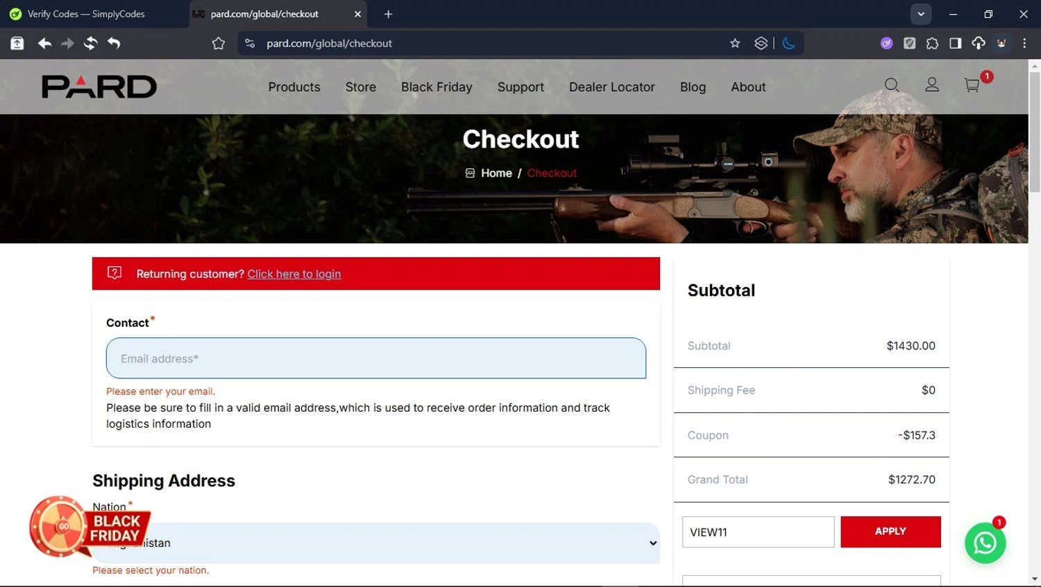 PARD coupon code screenshot showing code VIEW11 applied at PARD checkout page. Uploaded by SimplyCodes community member PromoSpotter1784 on Nov 24, 2025
