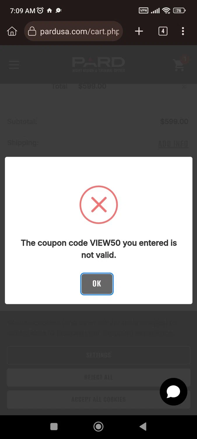 PARD coupon code screenshot showing code VIEW50 applied at PARD checkout page. Uploaded by SimplyCodes community member CrownLion2750 on Dec 27, 2025