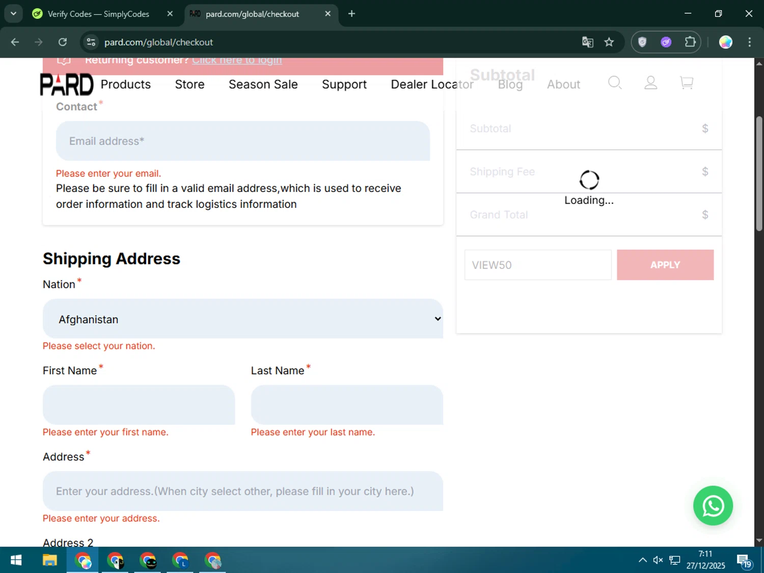 PARD coupon code screenshot showing code VIEW50 applied at PARD checkout page. Uploaded by SimplyCodes community member Estrellitacoairis on Dec 27, 2025